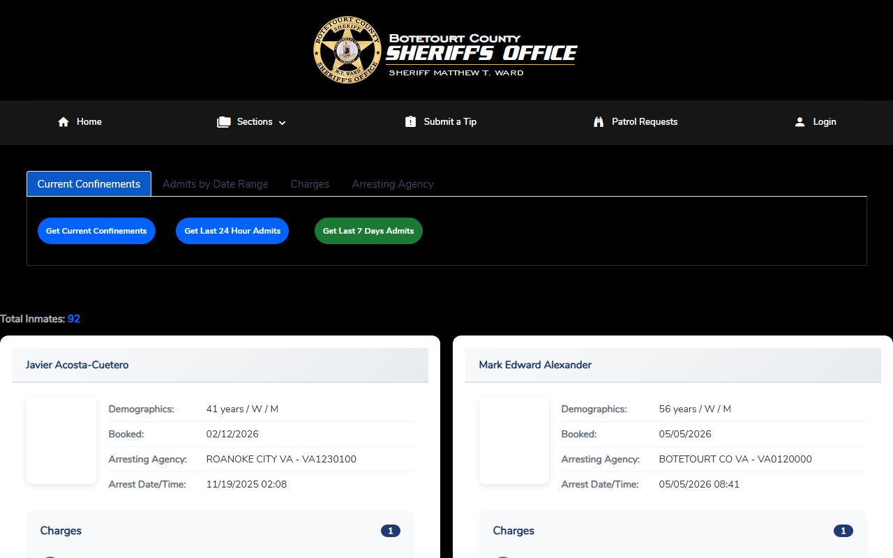 Southern Software Citizen Connect inmate confinements page for Botetourt County