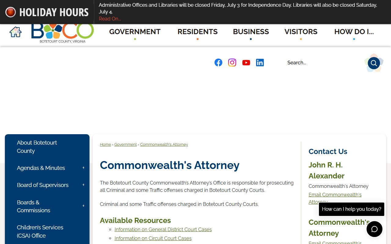 Botetourt County Commonwealth's Attorney page with prosecutor information and charge FAQ