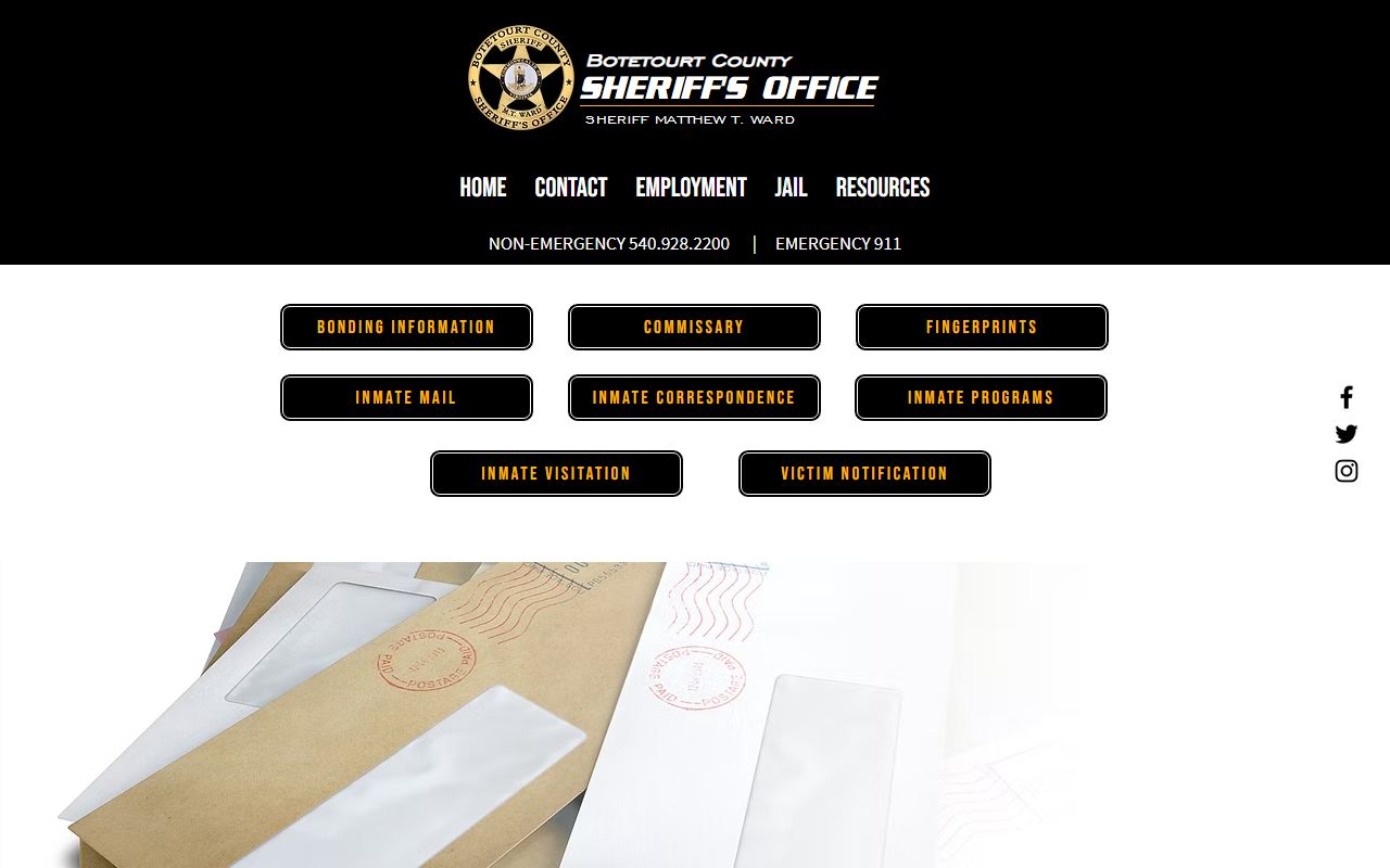 Botetourt County Jail inmate correspondence address with facility ID 5019