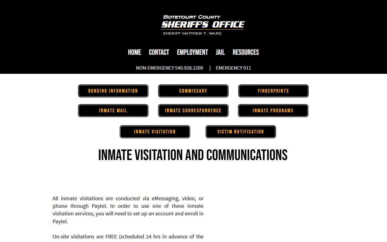 Botetourt-Craig Regional Jail visitation Paytel schedule and inmate communications