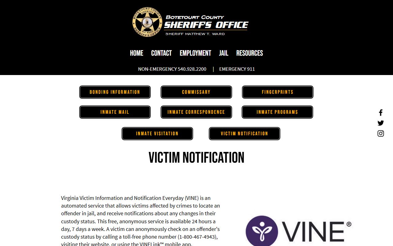 Botetourt sheriff victim notification page explaining VINE VINELink and NAAVI