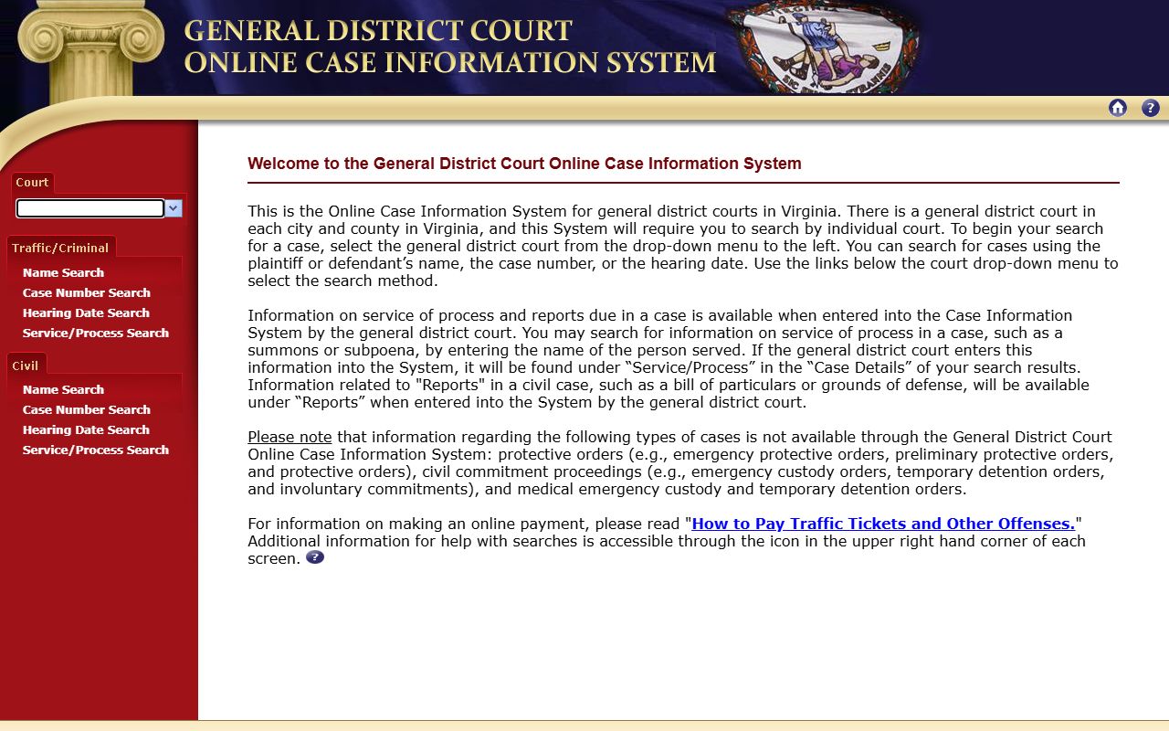 Virginia General District Court portal with Botetourt locality search context