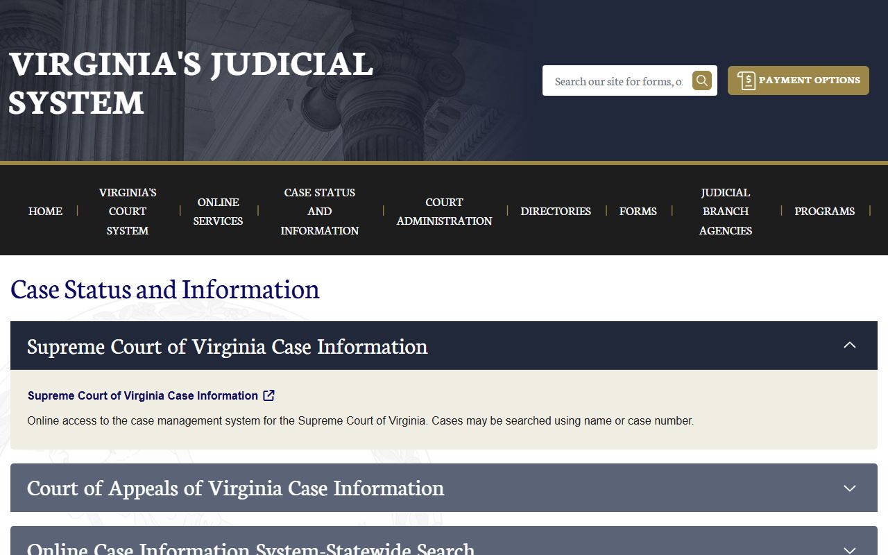 Virginia Judiciary case information page for court record searches